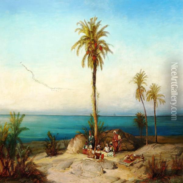 Coastal View With Arabs Taking A Rest Under A Palmtree Oil Painting - Alexius Geyer