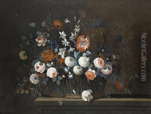 Roses, Chrysanthemums, Honeysuckle And Other Flowers In A Basket On A Table-top Oil Painting - Simon Hardime