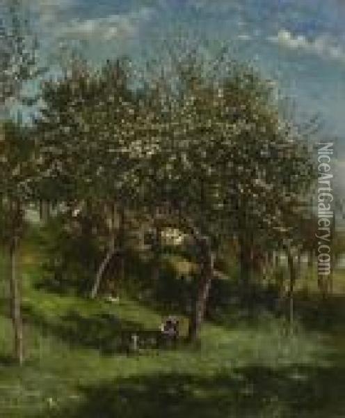 Im Bluhenden Obstgarten. Oil Painting - Marie Collart