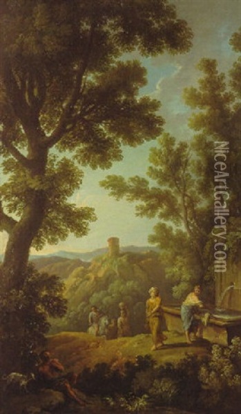 Arkadische Landschaft Mit Figuren An Einem Brunnen Und Turm Auf Einem Berg Oil Painting - Andrea Locatelli
