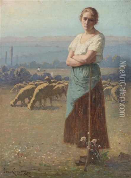 Shepherdess Standing In A Summer Landscape Before A Flock Of Sheep Oil Painting - Jean Laronze