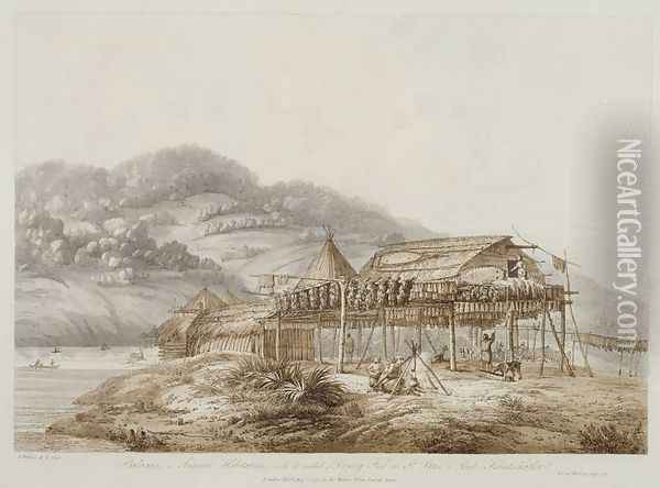 Balagans or Summer Habitations, with the Method of Drying Fish at St. Peter and Paul, Kamtschatka, from Views in the South Seas, pub. 1792 Oil Painting - John Webber