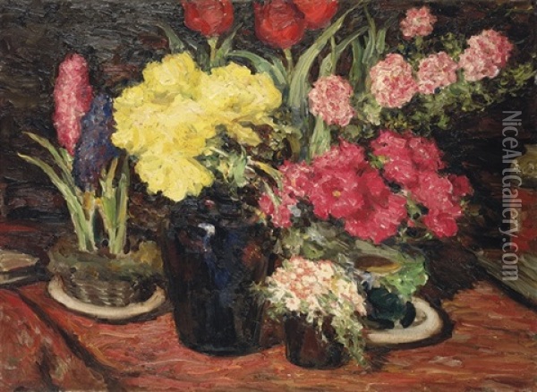 Still Life With Hyacinths, Tulips, Hollyhocks And Peonies Oil Painting - Leonid Osipovich Pasternak