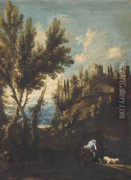 A landscape with cattle and a mounted shepherd with his flock Oil Painting - Alessandro Magnasco