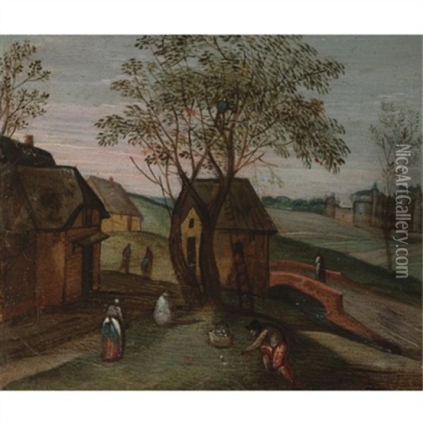 A Spring Landscape With A Figure Sowing A Field Oil Painting - Abel Grimmer
