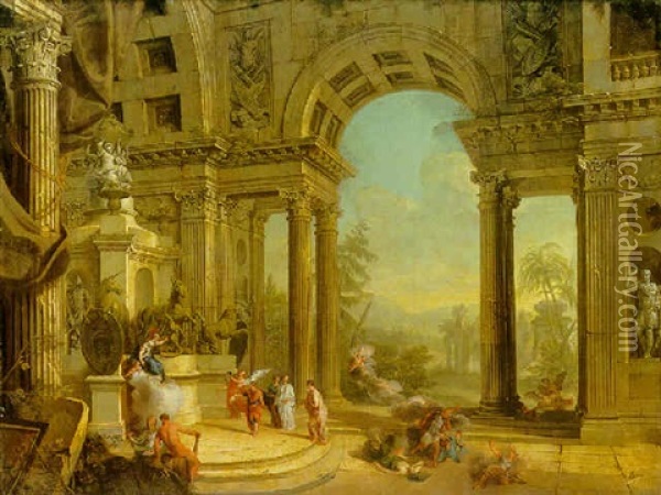 An Allegorical Monument To King George 1: The Interior Of A Classical Building Representing The Temple Of Fame Oil Painting - Francesco (Imperiali) Ferdinandi