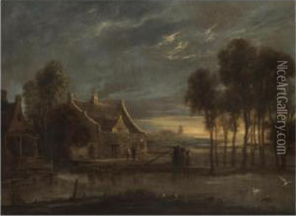 A River Landscape At Sunset With Figures Conversing Before A House Oil Painting - Anthonie Van Borssom