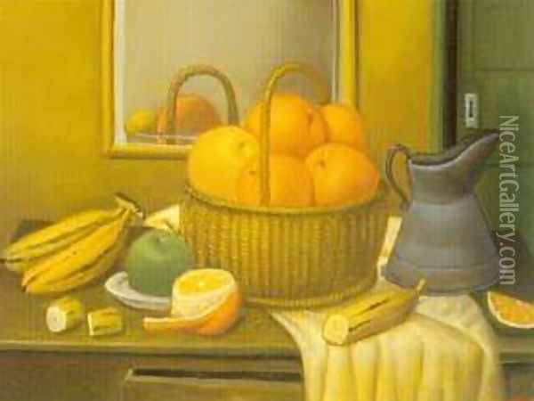Still Life With Fruit Basket 1996 Oil Painting - Fernando Botero