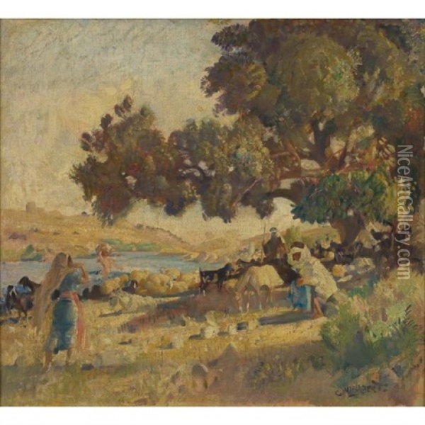 The Ford Across The Jordan At Jizra Benat Jacob Oil Painting - George Washington Lambert