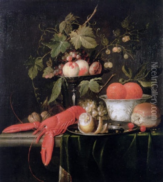 A Still Life Of Peaches, Grapes And Vines On A Tazza, A Porcelain Bowl With Oranges, And Other Objects On A Stone Ledge Oil Painting - Jan Pauwel Gillemans The Elder
