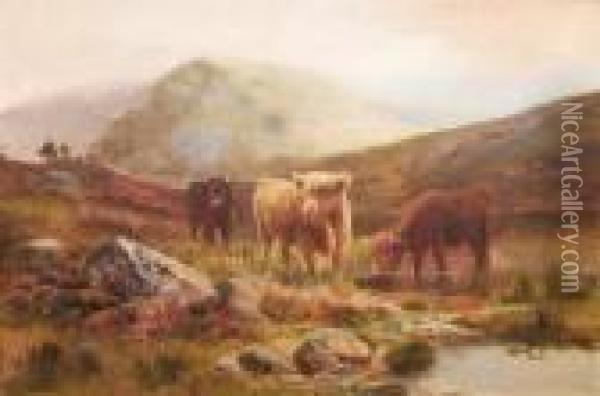 Highland Cattle In A Landscape, And Companionriver Landscape With Cottages Oil Painting - Daniel Sherrin