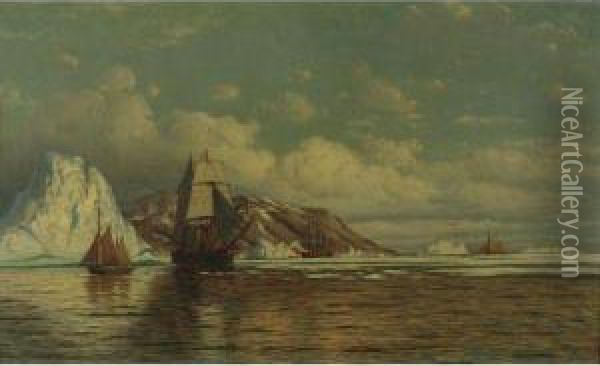 Sailing Ships Off The Coast With Icebergs Oil Painting - William Bradford