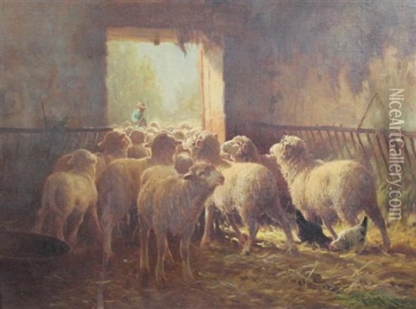 Sheep In A Stable Oil Painting - Charles H. Clair