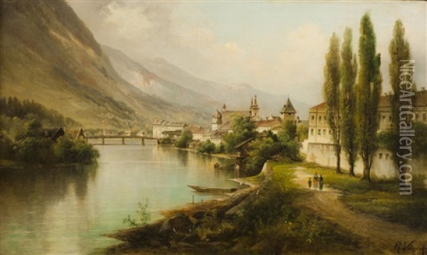 Blick Auf Die Stadt Am Fluss Oil Painting - Raimund Volanek