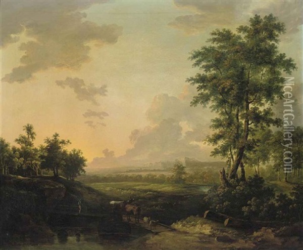 A Wooded River Landscape With A Drover Crossing A Bridge With His Cattle Oil Painting - Jean-Louis Demarne
