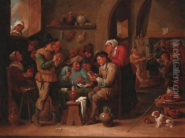 Peasants playing cards in a tavern interior Oil Painting - David The Younger Ryckaert