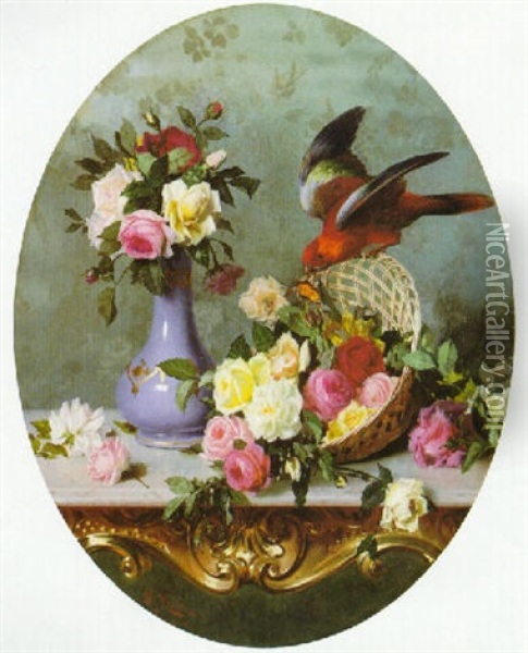 Still Life With Roses, Butterfly And A Parrot Oil Painting - Oreste Costa