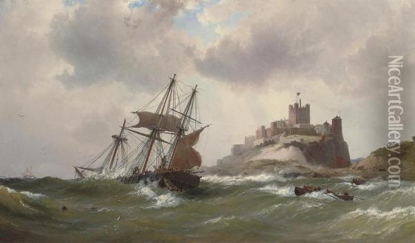 In Dangerous Waters Off Bamburgh Castle, Northumberland Oil Painting - Vilhelm Melbye