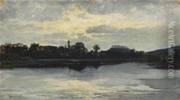 On The Banks Of The Danube With A Fortress, Possibly The Petrovaradin Fortress Oil Painting - Franz Hinterholzer