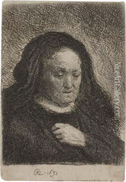 The Artist's Mother With Her Hand On Her Chest: Smallbust Oil Painting - Rembrandt Van Rijn