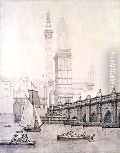 Old London Bridge and the Monument Oil Painting - Joseph Farington