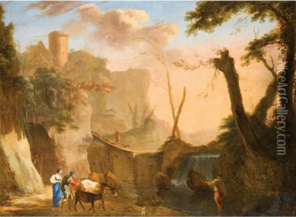 Italianate Landscape With Figures Cattle And Sheep Crossing A Dam Oil Painting - Herman Van Swanevelt