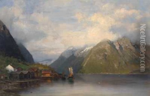 Vestlandsfjord Med Bondesamfunn Oil Painting - Anders Monsen Askevold