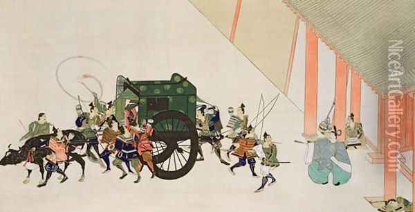 An Emperor Fleeing a Palace Disguised as a Woman in Carriage Oil Painting - Gukei, Sumiyoshi Hirozumi