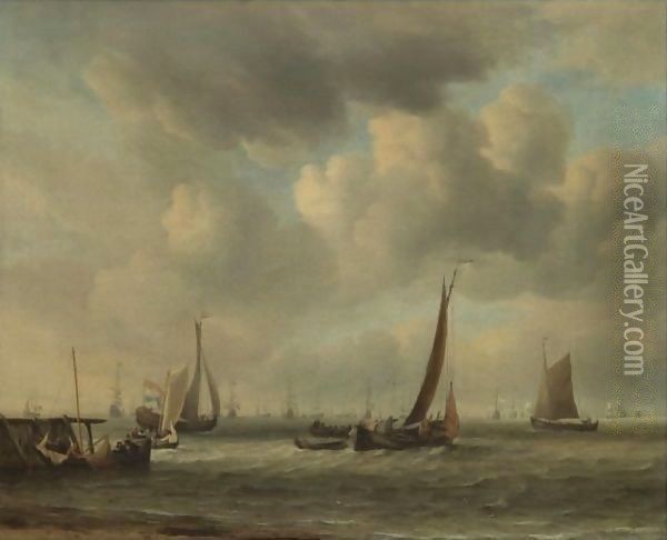 A Kaag And Other Dutch Coastal Vessels Putting Out From A Jetty, The Dutch Fleet Beyond Oil Painting - Willem van de, the Elder Velde