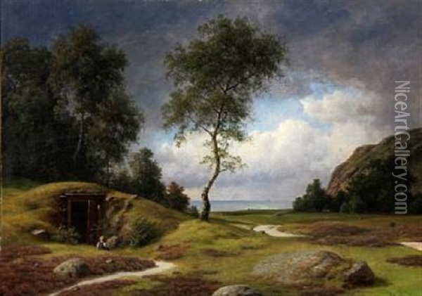 Landscape With A Boy Sitting In Font Of A Burial Mound Oil Painting - Georg Emil Libert