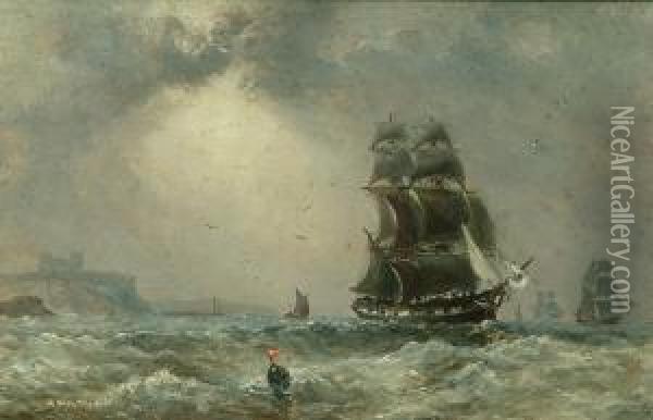 Full Sail Off Whitby In Choppy Waters Oil Painting - Richard Weatherill