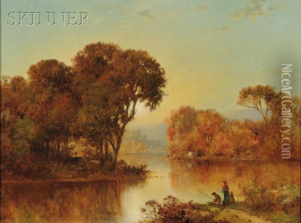 Figures On A River Bank Oil Painting - Joseph Morviller