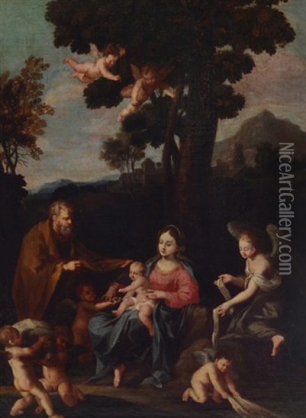 Infant Jesus, Mary, Winged Angel And Cherubs Oil Painting - Pier Francesco Mola