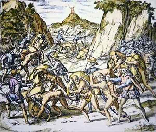 Conquistadors enslaving and beating native American baggage carriers Oil Painting - Theodore de Bry