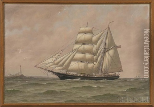 Portrait Of A Ship Off The Coast With Lighthouse Oil Painting - William Moore Davis