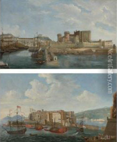 A View Of Castel Dell'ovo From The Bay Of Trentaremi,naples; 
A View Of The Darsena, Naples Oil Painting - Gabriele Ricciardelli