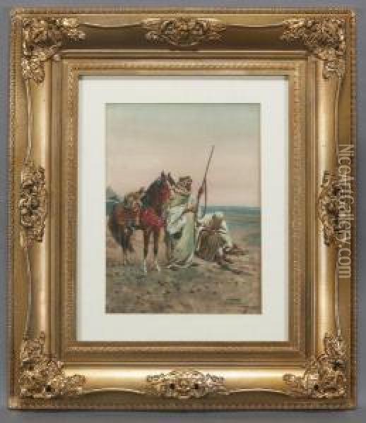 Horsemen In The Desert, One Cleaning His Gun Oil Painting - Giulio Rosati