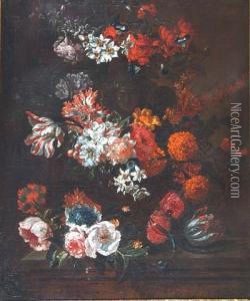 Still Lives - Mixed Flowers On A Stone Ledge Oil Painting - Jan-baptist Bosschaert