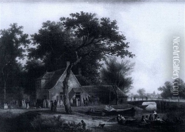Figures Standing Outside A Cottage By A River Oil Painting - Christoffel Frederik Franck