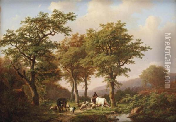 A Wooded Landscape With A Herdsman And His Cattle On A Track Oil Painting - Eugene Joseph Verboeckhoven
