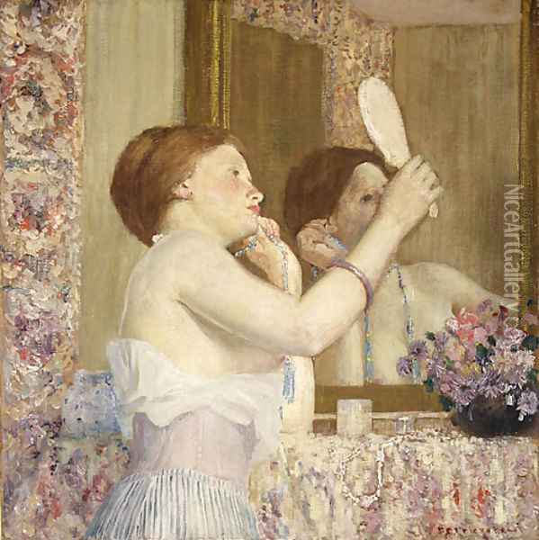 Woman with a Mirror (Femme qui se mire) 1911 Oil Painting - Frederick Carl Frieseke