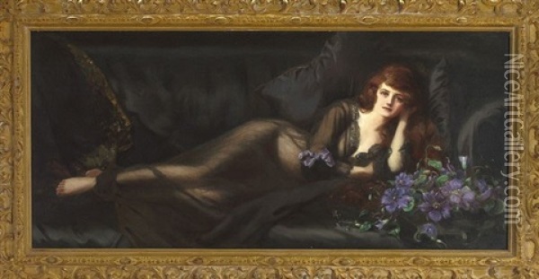 Portrait Of A Lady Wearing A Black Lace Trimmed Nightdress Reclining On A Divan Oil Painting - Charles Prescott