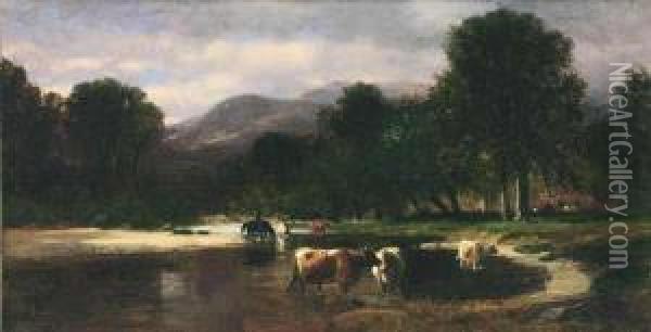 Cows Watering In A Mountain Landscape Oil Painting - Samuel Lancaster Gerry