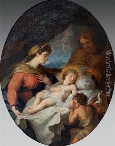 La Sainte Famille Avec Saint Jean-baptiste Enfant Oil Painting - Charles de La Fosse