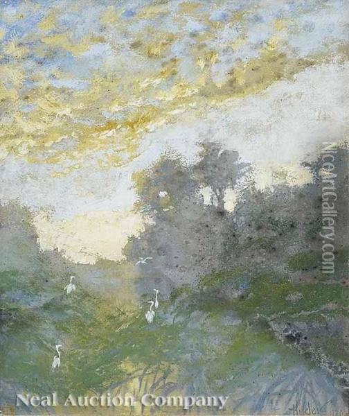White Egretsunderneath A Spotty Sunset Oil Painting - G. Howard Hilder