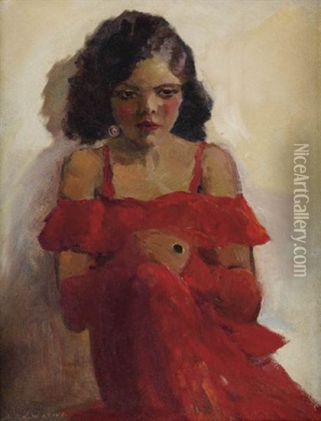 Girl In Red Dress Oil Painting - Laura Wheeler Waring