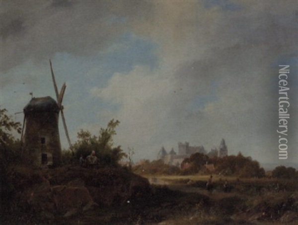 A Panoramic Summer Landscape With Villagers By A Windmill, Bentheim Beyond Oil Painting - Pierre Louis Dubourcq