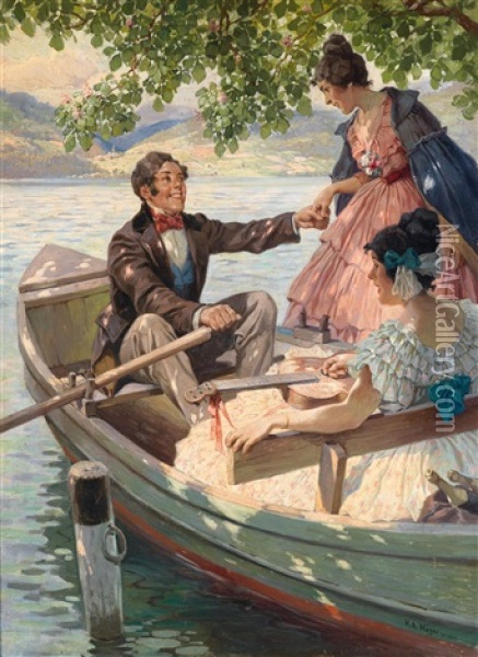 Einladung Zur Bootsfahrt An Der Donau (in Der Wachau?) Oil Painting - Rudolf Alfred Hoeger
