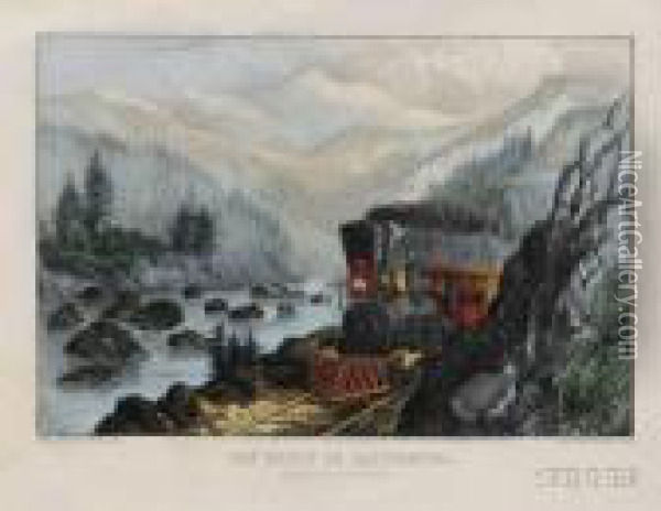 The Route To California. Truckee Riversierra-nevada Oil Painting - Currier & Ives Publishers