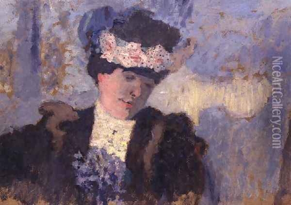 Madame Hessel wearing a Hat decorated with Flowers, c.1905 Oil Painting - Jean-Edouard Vuillard